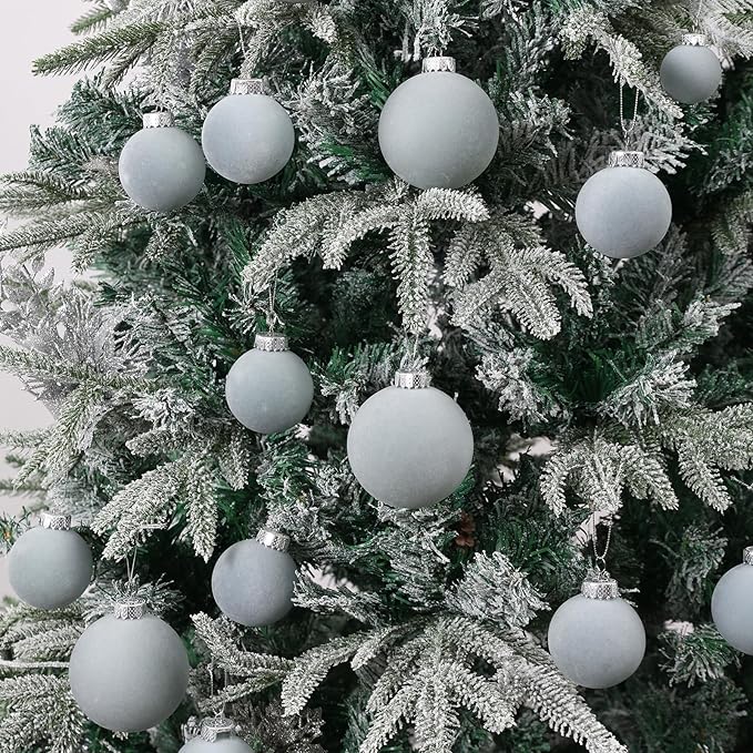 Velvet Christmas Ball Ornaments Set-46pcs Flocked Shatterproof Christmas Tree Decorations Plastic Xmas Decorative Hanging Ornaments for Xmas Holiday Home Decor,3 Sizes(Gray Blue)