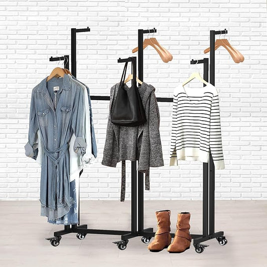 Metal Clothing Rack, 6 Arms Clothes Display Racks with Wheels, Adjustable Floor Standing Garment Rack From 46.85" to 64", Portable Retail Display Stand for Boutique Stores (Black, 6 Arm/45.66in)