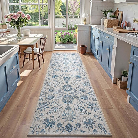 jinchan Runner Rugs 3x8, Vintage-Inspired Floral Design Machine Washable Non-Slip Ultra-Thin Low-Pile Rubber Backing Traditional Rug for Kitchen Hallway Laundry Room Entryway Dark Blue