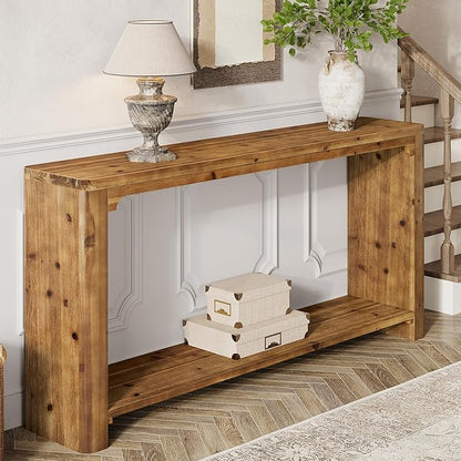 2-Tier Solid Wood Console Table, 63" Farmhouse Couch Table Behind Sofa, Entryway Table with Storage for Living Room, Entrance, Foyer, Hallway (Rustic Brown)