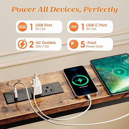 SUPERJARE 102 Inch Sofa Table with 2 Power Outlets and USB-C Ports, 5.9 Inch Narrow Console Table with Storage, Extra-Long, for Entryway Hallway Couch Behind Sofa, Small Spaces, Rustic Brown