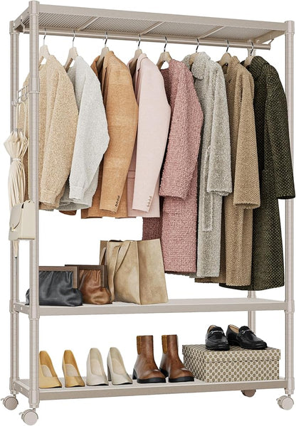 IZEUK Heavy Duty Rolling Garment Rack Wire Clothes Rack for Hanging Clothes, Metal Freestanding Closet Wardrobe Rack with Double Rods and Side Hooks Gold 17.7" D x 45.3" W x 70.3" H
