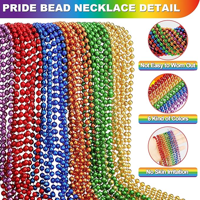 120 PCS Pride Beads Necklace, 33" Rainbow Bead Necklaces Bulk, Plastic LGBT Beads Necklace Metallic Pride Stuff Pride Month Parade Costume Accessories 6 Colors Gay Lesbian Party Supplies