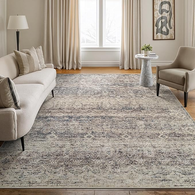 Bloom Rugs Caria Washable Non-Slip 8x10 Rug - Beige Brown/Teal Traditional Area Rug for Living Room, Bedroom, Dining Room, and Kitchen - Exact Size: 7'8" x 10'