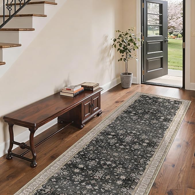 GENIMO 2'5x10 Runner Rug,Machine Washable Non-Slip Vintage Rugs,Low Pile Lightweight Carpet for Bedroom,Hallway,Entryway,Kitchen,Bathroom,Black