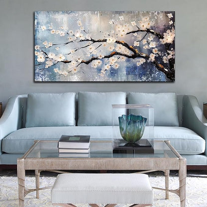 Plum Blossom Tree Wall Art - Blue Wall Decor - Asian Wall Art for Living Room Large Size Bedroom Office Pictures Size 29" x 59"