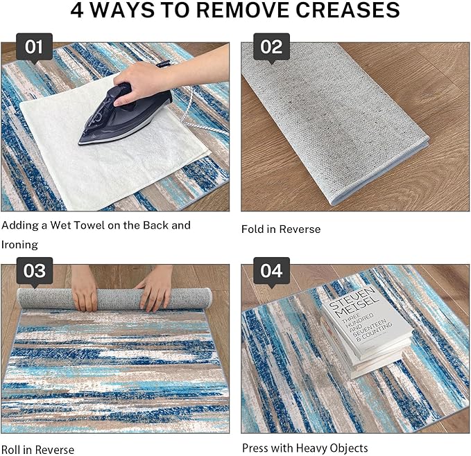 Modern Abstract Runner Rug 3x18, Blue Washable Long Kitchen Runner Non-Slip Soft Hallway Rug Runner Ultra Thin Print Faux Wool Carpet for Entryway Bedroom Laundry Room Indoor Home Decor