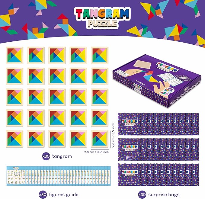 BONNYCO Tangram Puzzle Wooden Pack 30 Kids Party Favors. Goodie Bags Stuffers for Kids 3-5 4-8, Return Gifts for Birthday Party. Goody Bag Stuffers, Pinata Filler Toys Bulk. Classroom Prizes, Rewards