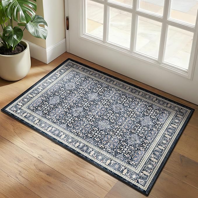 Dark Blue Entry Rugs Indoor, 2x3 Small Door Rugs for Entryway/Kitchen/Bathroom, Washable Non Slip Low Pile Thin Door Mat Indoor Entrance, Boho Floral Moroccan Trellis Printed Transitional Style