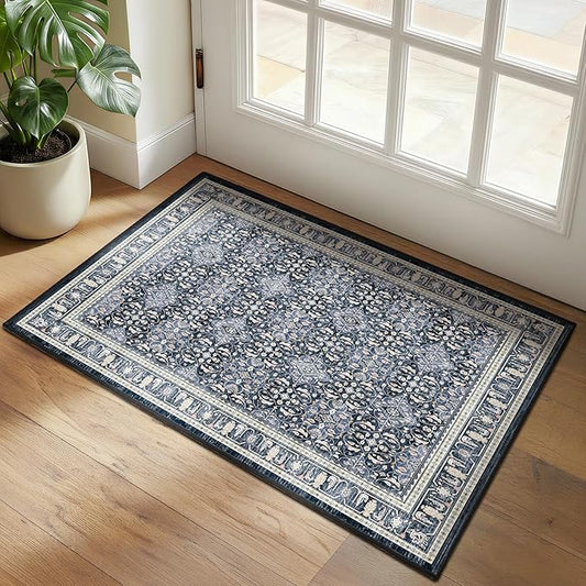 Dark Blue Entry Rugs Indoor, 2x3 Small Door Rugs for Entryway/Kitchen/Bathroom, Washable Non Slip Low Pile Thin Door Mat Indoor Entrance, Boho Floral Moroccan Trellis Printed Transitional Style