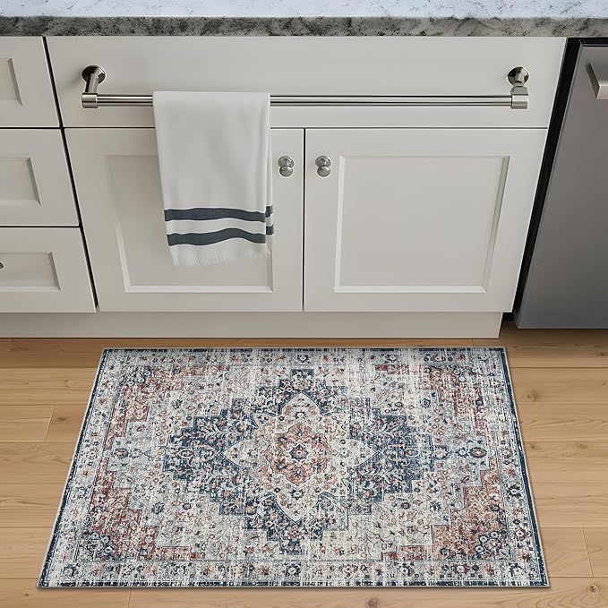 Bloom Rugs Washable Non-Slip 2x3 Rug - Terracotta/Teal Traditional Oriental Area Rug for Living Room, Bedroom, Dining Room, and Kitchen - Exact Size: 2' x 3'