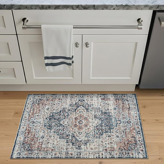 Bloom Rugs Washable Non-Slip 2x3 Rug - Terracotta/Teal Traditional Oriental Area Rug for Living Room, Bedroom, Dining Room, and Kitchen - Exact Size: 2' x 3'