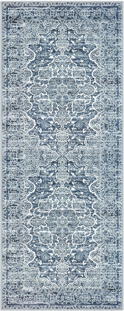 KUTA Vintage Washable Rug, 2PCS 2x3 and 2x6 Blue White Runners for Hallways Non-Slip Kitchen Area Rugs Ultra Soft Printed Distressed Floral Floor Carpet for Laundry Bedroom Living Room Nursery