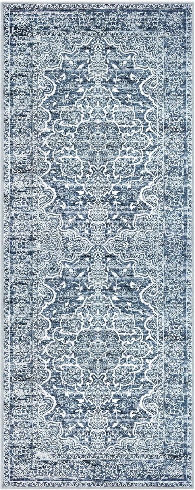 KUTA Vintage Washable Runner Rug, 2x5 Runners Non-Slip Blue White 5ft Hallway Kitchen Rugs Ultra Soft Printed Floral Distressed Tribal Farmhouse Carpet for Bedroom Entryway Decor
