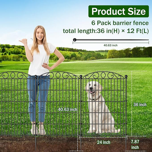 No Dig Decorative Garden Fence 6 Panel - 36in H x 12ft L, Tall Animal Barrier for Dogs Rabbits, Rustproof Metal Wire Panels for Yard, Patio, and Outdoor Border Use