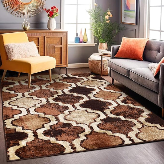 SUPERIOR Indoor Large Area Rug for Kitchen, Bedroom, Living Room, Entryway, Hallway with Jute Backing, Perfect for Hardwood Floors- Viking Modern Geometric Trellis Design, 5 ft. x 8 ft., Coffee