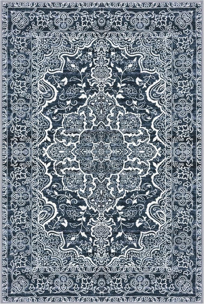 KUTA 3x5 Rugs for Entryway Non-Slip Washable Area Rug, Vintage Floral Kitchen Rugs Navy Blue, Ultra Soft Printed Medallion Tribal Entry Low-Pile Carpet for Entrance Bedroom Nursery Dorm Décor