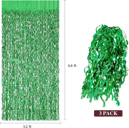 Green Foil Backdrop Curtain - CYLMFC 3 Pack 3.3 ft x 6.6 ft Birthday Streamers Party Curtains Decorations Backdrop Xmas Graduation Decor