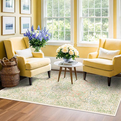 Hazo Haus Light Green Bedroom Rug 5x7 Area Rug for Living Room, Vintage Washable Floral Floor Mat for Nursery, Dining Room Low Pile Non Slip Stain Resistance Distressed Retro Indoor (5x7 Beige Green)