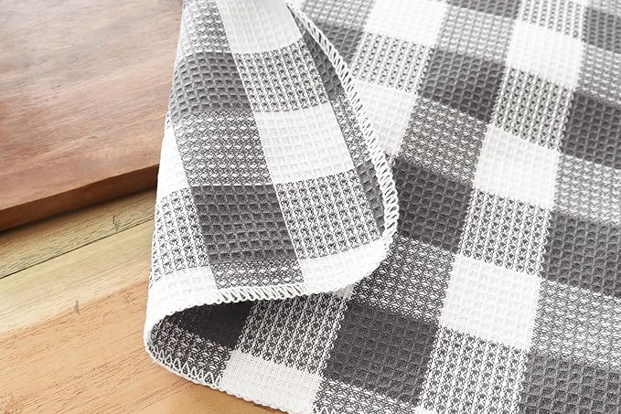 Waffle Weave Plaid Dish Cloths, 100% Cotton - 12 x 12 Inches, Ultra Soft Absorbent Quick Drying Dish Towels Buffalo Check Dish Rags for Kitchen, 8 Pack - Fall Thanksgiving-Steel Grey & White
