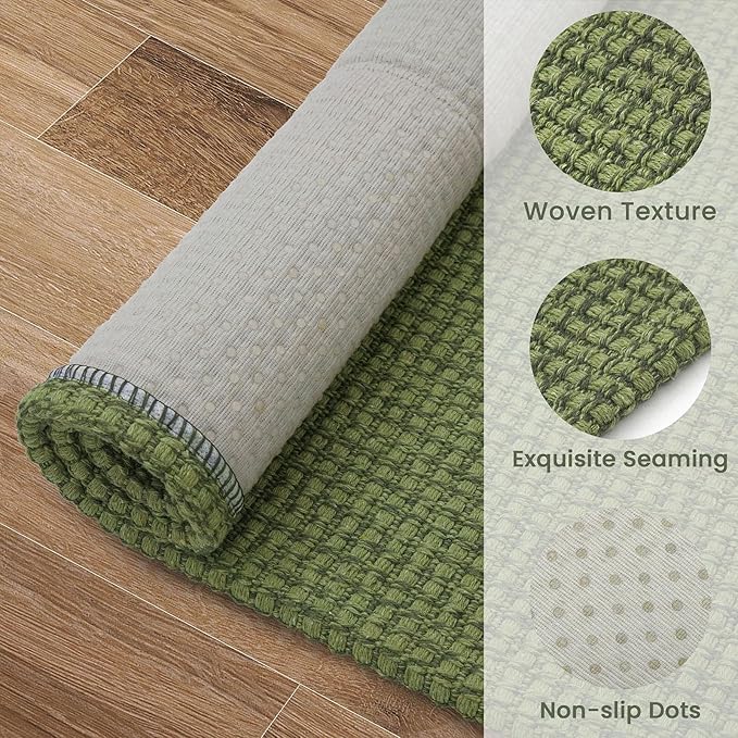 EARTHALL Woven Area Rug 2x3 Ft Washable Rugs for Entryway Braided Non Slip Throw Rugs Door Mat Indoor Outdoor Entrance Small Cotton Woven Carpet for Kitchen Foyer Front Door, Green
