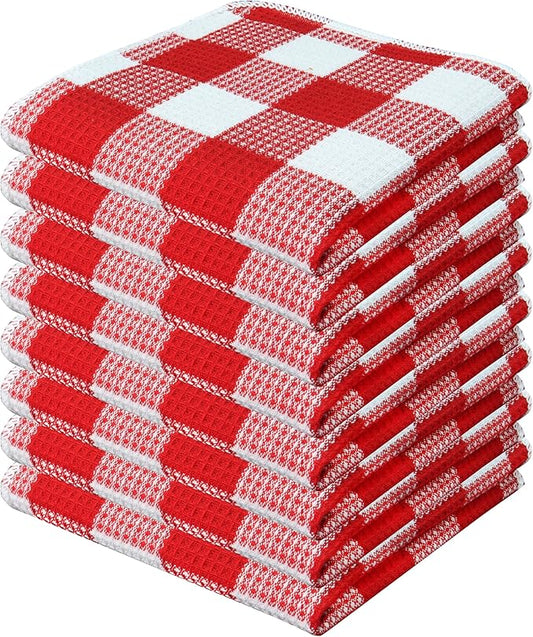 Waffle Weave Plaid Dish Cloths, 100% Cotton - 12 x 12 Inches, Ultra Soft Absorbent Quick Drying Dish Towels Buffalo Check Dish Rags for Kitchen, 8 Pack - Fall Thanksgiving - Red & White