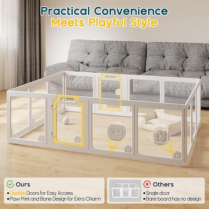 Albott Acrylic Clear Dog Playpen Indoor, Modular Puppy Cat Small Pet Play Pen with 2 Doors, Transparent Fence for Little Dogs, Cats, Rabbits, Easy Assemble and Disassemble, White (24" H, 14 pcs)