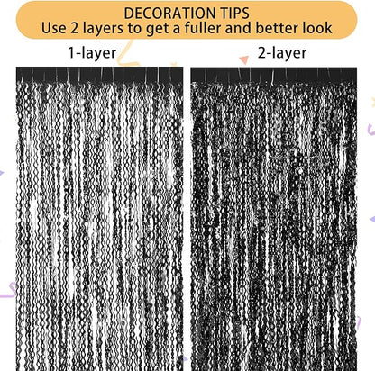 3 Pack New Years Decorations Wavy Black Tinsel Foil Fringe Curtains Party Backdrop 3.3 x 6.6 ft Streamer Backdrop Tinsel Curtains for Birthday, Graduation, Fiesta, Halloween Party Decor