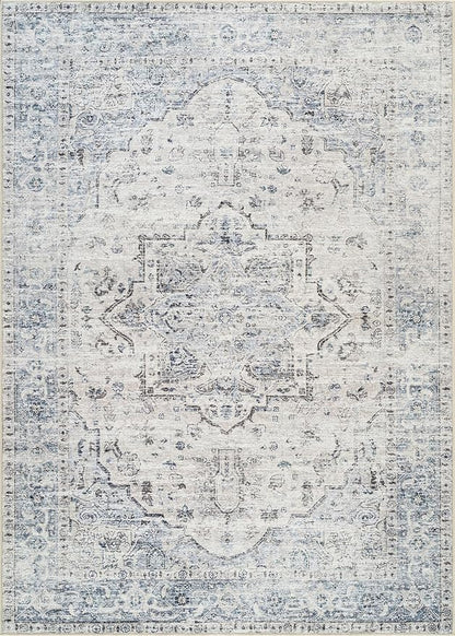 Bloom Rugs Caria Washable Non-Slip 3x5 Rug - Ivory/Blue/Gray Traditional Area Rug for Living Room, Bedroom, Dining Room, and Kitchen - Exact Size: 3' x 5'