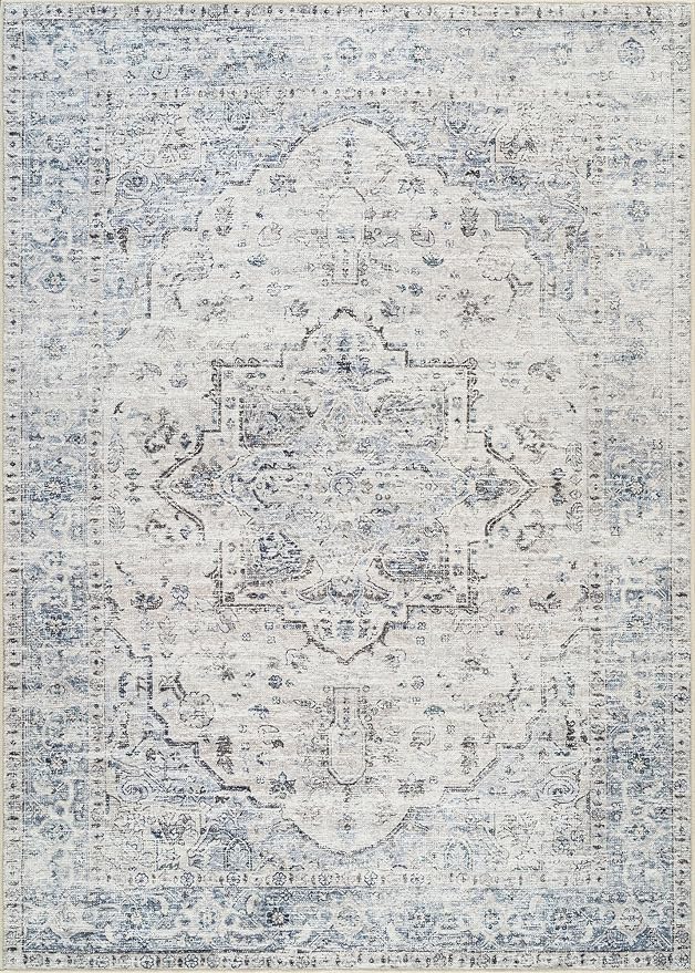 Bloom Rugs Caria Washable Non-Slip 8x10 Rug - Ivory/Blue/Gray Traditional Area Rug for Living Room, Bedroom, Dining Room, and Kitchen - Exact Size: 7'8" x 10'