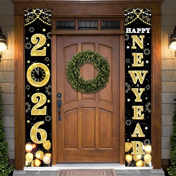 KatchOn XtraLarge 2026 Happy New Year Banner – 72x12 Inch | Black and Gold Happy New Year Door Banner for New Years Decorations 2026 | Porch Banner for New Years Eve Party Supplies 2026 | NYE Decor