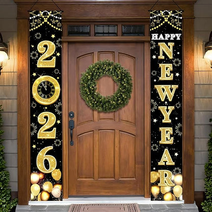 KatchOn XtraLarge 2026 Happy New Year Banner – 72x12 Inch | Black and Gold Happy New Year Door Banner for New Years Decorations 2026 | Porch Banner for New Years Eve Party Supplies 2026 | NYE Decor