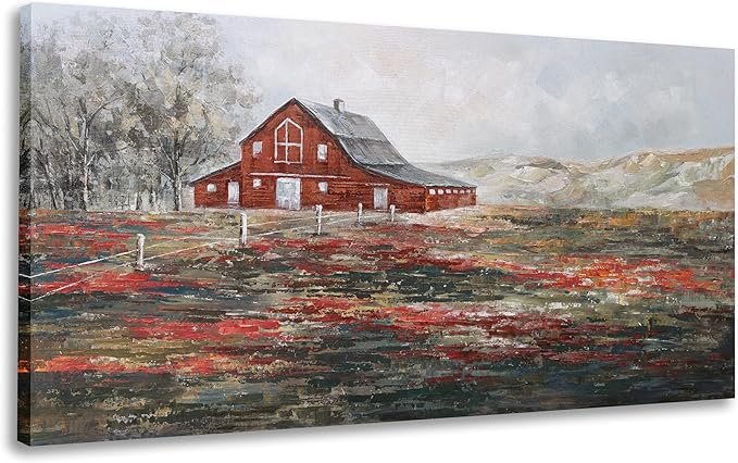 Farmhouse Wall Art Canvas Picture Red Rustic Barn Farm Artwork Decor Country Landscape Panoramic Countryside Rural Nature Scene Painting for Living Room Bedroom Office Decor Wall Decor 20"x40"