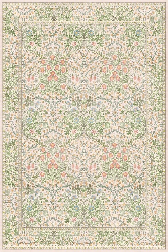 Hazo Haus Light Beige Green Area Rugs for Dining Room, 6x9 Washable Area Rug for Bedroom, Living Room, Nursery Room, Kids Play Room, Low Pile Non-Slip - Vintage Design & Stain Resistance