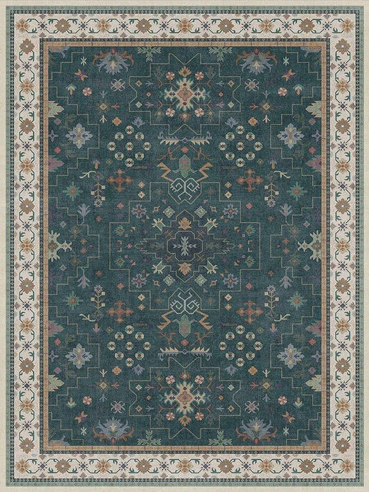 Vintage Dark Green 6x8 Dining Room Rugs for Under Kitchen Table - Washable Livinig Room Rug - Unique Floral Pastel Low Pile Non-Slip Area Rugs for Bedroom