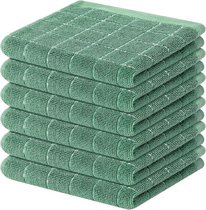 Mordimy 100% Cotton Terry Cloth Dish Cloths, Soft and Absorbent Checkered Dish Towels, Quick Drying Dish Rags for Washing Dishes, 6 Pack, 12 x 12 Inches, Grass Green