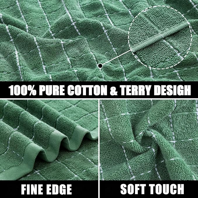 Mordimy 100% Cotton Terry Cloth Kitchen Towels, Super Soft and Absorbent Dish Towels for Drying, Checkered Designed Hand Towels for Kitchen, 16 x 26 Inches, 8 Pack, Grass Green