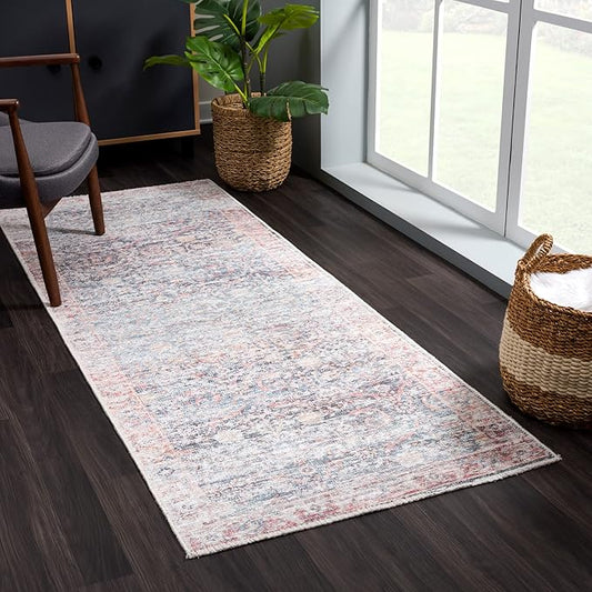 Bloom Rugs Caria Washable Non-Slip 10 ft Runner - Ocean Blue/Brick Traditional Runner for Entryway, Hallway, Bathroom, and Kitchen - Exact Size: 2'6" x 10'