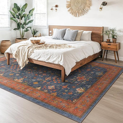 Navy Blue Area Rugs 9x12 Living Room, Dining Room Rugs for Under Table - Washable Low Pile Non-Slip Rugs for Bedroom - Vintage Boho Eclectic Home Decor - Ultra Soft Faux Wool Stain Resistance