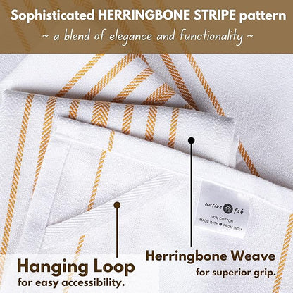 Native Fab Kitchen Dish Towels 16x26 inches Set of 12 Herringbone Weave - Scandia Striped 100% Cotton Dish Cloths for Washing Dishes, Absorbent Hand Towels with Hanger - Yellow White