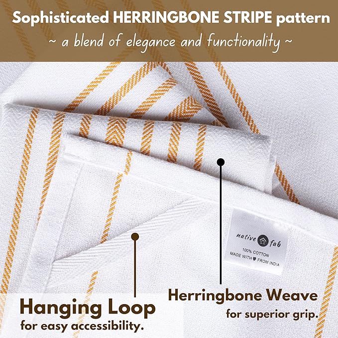 Native Fab Yellow Stripe Kitchen Dish Towels 16"x26" Set of 4 - Herringbone Weave Scandia Striped 100% Cotton Dish Cloths for Washing Dishes, Absorbent Hand Towels - Yellow White