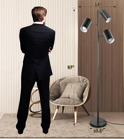 Tree Floor Lamp with 3 Light 9W E26 LED Bulbs,Black Standing Tall Pole Lamp with 3 Adjustable Rotating Lights,Modern Floor Lamp for Living Room Bedroom Office,Reading Room
