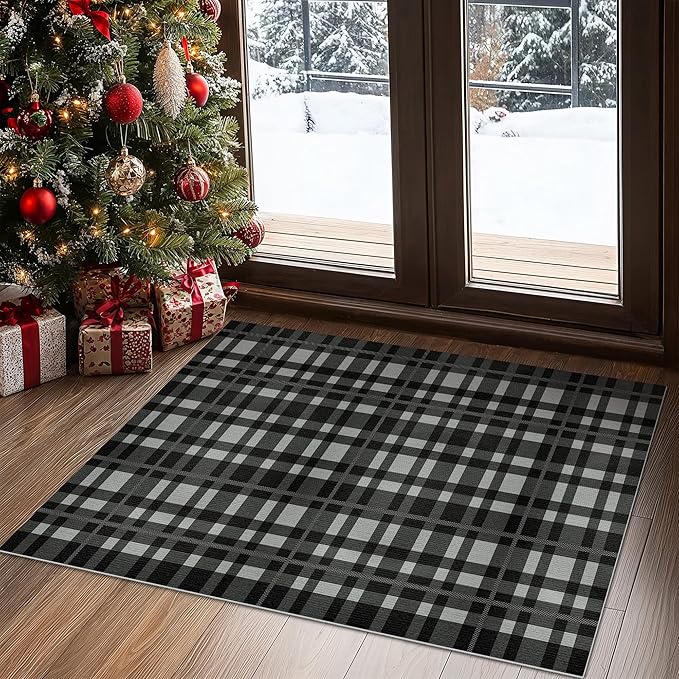 GENIMO Checkered Rug 27.5x43 inches Black and White Fine Plaid Outdoor Rug Buffalo Plaid Rugs Mat Fall Doormats Washable Rug for Front Porch Decor Indoor Entrance Patio Balcony Entryway