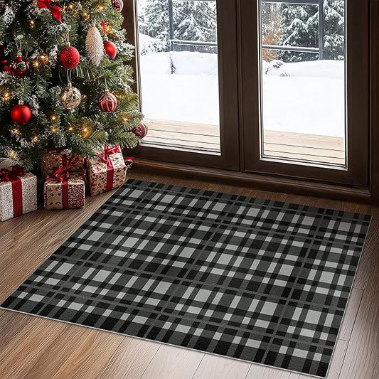GENIMO Checkered Rug 27.5x43 inches Black and White Fine Plaid Outdoor Rug Buffalo Plaid Rugs Mat Fall Doormats Washable Rug for Front Porch Decor Indoor Entrance Patio Balcony Entryway