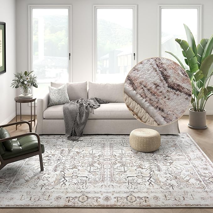 jinchan 6x9 Area Rug for Living Room Washable Soft Throw Rug Ultra-Thin Stain Resistant Non-Slip Distressed Vintage Floral Large Carpet for Bedroom,Dining Room,Home Office,Nursery (6x9ft,Taupe)