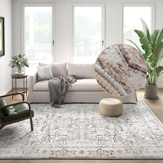 jinchan 8x10 Area Rug for Living Room Washable Soft Throw Rug Ultra-Thin Stain Resistant Non-Slip Distressed Vintage Floral Large Carpet for Bedroom,Dining Room,Home Office,Nursery (8x10ft,Taupe)