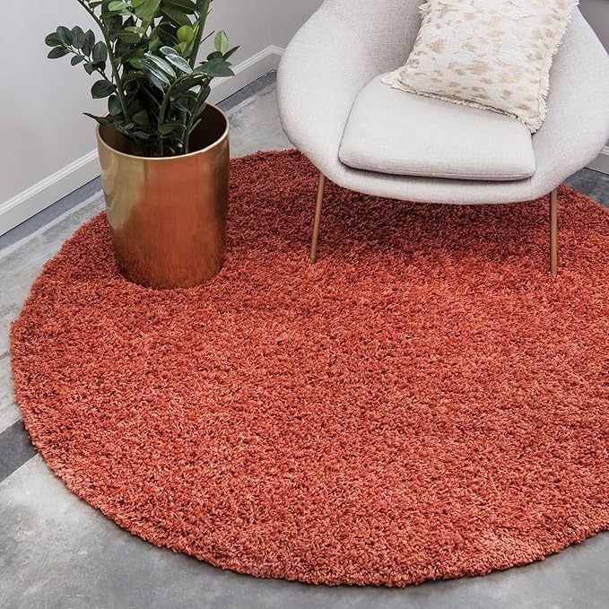 Unique Loom Solid Shag Collection Area Rug (3' 3" Round, Terracotta)