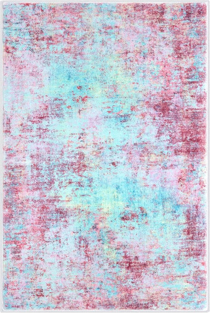 Modern Abstract 3x5 Girls Room Rug, Machine Washable Blush Pink Sky Blue Entryway Rug, Thin Kitchen Mat Non-Slip, Print Faux Wool Soft Floor Carpet for Girl Women's Bedroom Bedside