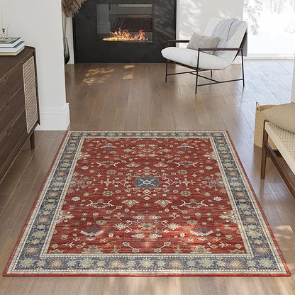 3x5 Area Rug for Entryway, Small Red Boho Washable Rug, Soft Modern Low Pile Indoor Doormat, Carpet for Bedroom Bedside Living Room Bathroom Playroom Kitchen Dining Room Laundry, Red/Gold