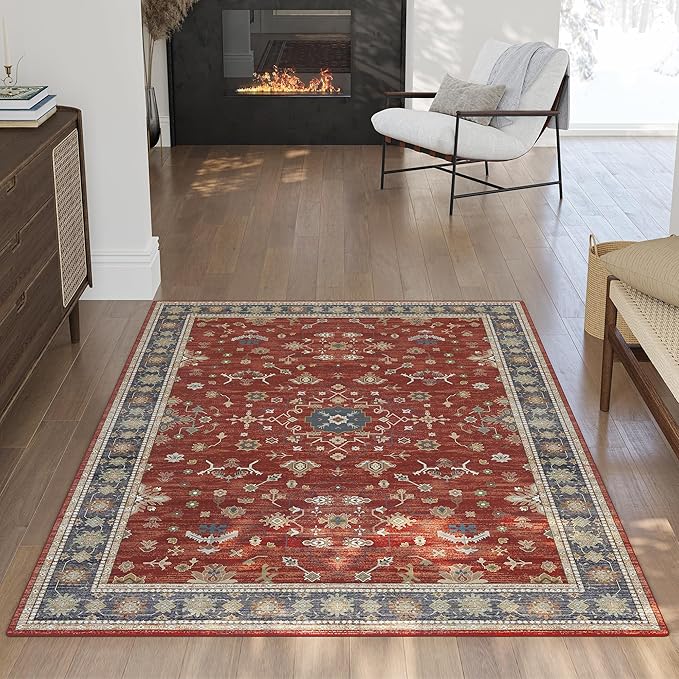 5x7 Washable Boho Rugs for Bedroom, Red Area Rug for Living Room, Soft Faux Wool Christmas Carpet for Kids Playroom Dorm Nursery Dining Room Office Home Laundry, Non Slip Low Pile Mat, Red/Gold